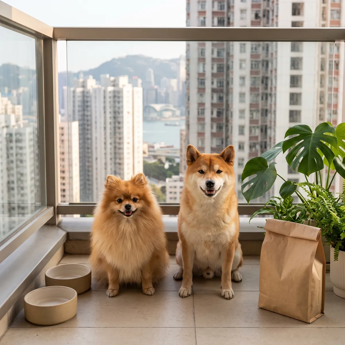 松鼠狗和柴犬在香港高樓露台