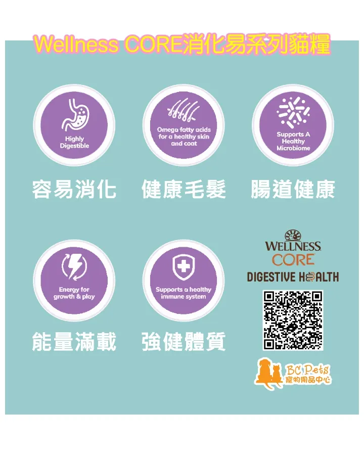 Wellness 寵物健康 CORE+ Digestive Health 消化易 三文魚配方 成貓乾糧